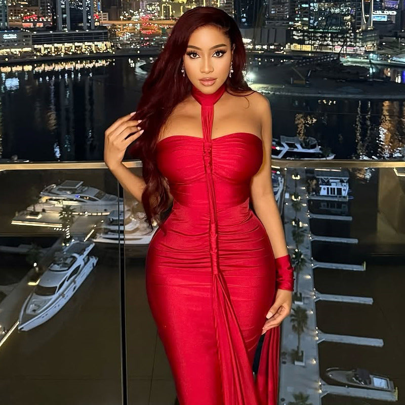 Solid Color Elegant Women Backless Lace up Tube Top Hip Pleated off Neck Dress Cocktail Dress Bella Mia